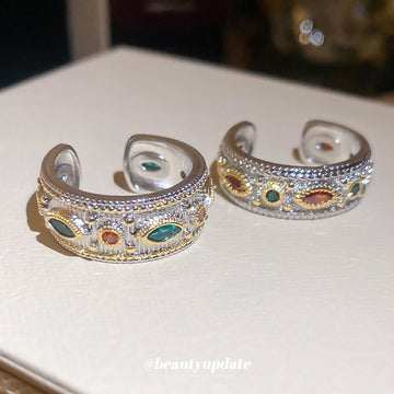Silver Gold Tone Pave Open Ring With Colored Stones