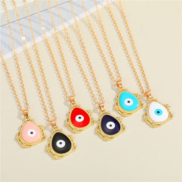 Gold Tone Ornate Teardrop Evil Eye Pendant Necklaces in Six Colors