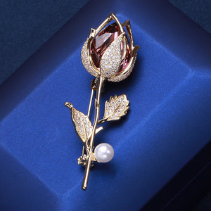 Gold-Plated Brass Tulip Flower Brooch with Zirconia and Pearl