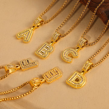 Gold Box Chain Necklace With Zircon Initial Letter Pendant