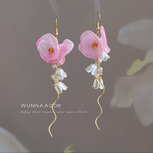 Gold Tone Pink Flower White Blossom And Long Wire Hook Earrings