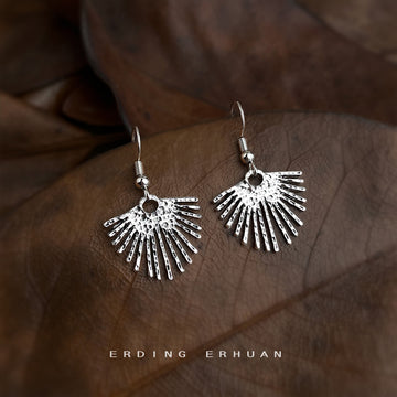 Silver Tone Textured Folding Fan Fringe Hook Earrings For Women