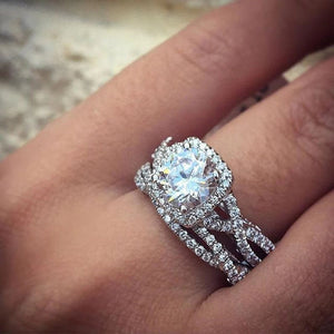 Silver Tone Cushion Halo Clear Stone Cross Band Ring Set Sizes 6-10