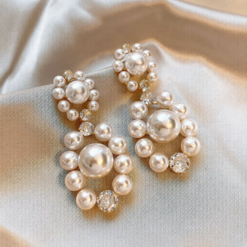 Pearl Wreath Statement Drop Earrings With Polished Metal Tone Details