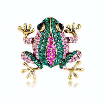 Green Gold Tone Frog Crystal Metal Brooch Pin 4.1 x 4 cm