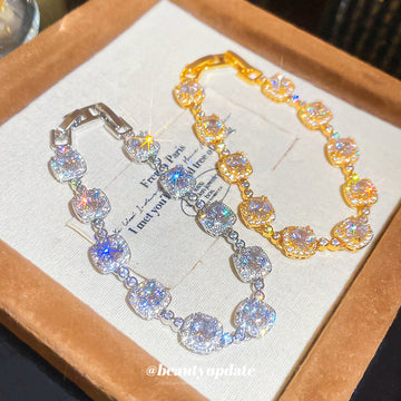 Gold Silver Cushion Halo Cubic Zirconia Tennis Bracelets