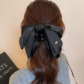 Black Satin Oversized Bow Hair Claw Clip with Gold Charm