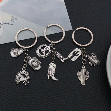 Antique Silver Horse Boot and Cactus Metal Keychain Set