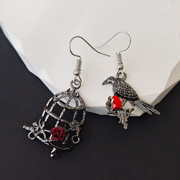 Asymmetrical Raven and Rose Birdcage Drop Earrings in Blackened Metal