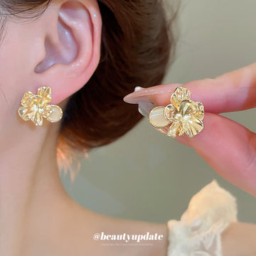 Gold Tone Layered Flower Stud Earrings with Glossy Petals