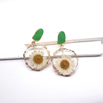 Green Enamel Stud White Daisy Resin Drop Earrings Gold Rim