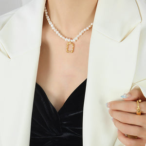 Freshwater Pearl Necklace with Gold Irregular Square Pendant