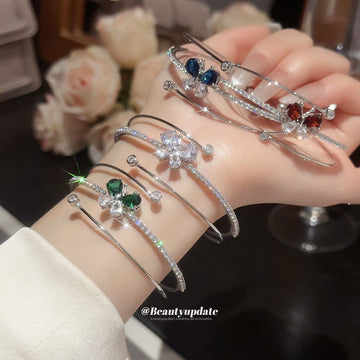 Silver Multi Layer Open Butterfly Crystal Cuff Bracelet
