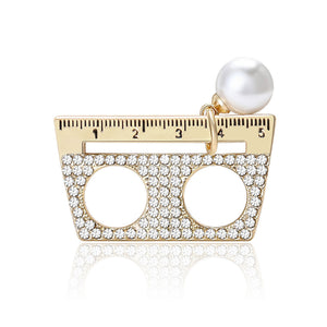 Crystal Ruler Brooch with Pearl Accent and Twin Cutouts