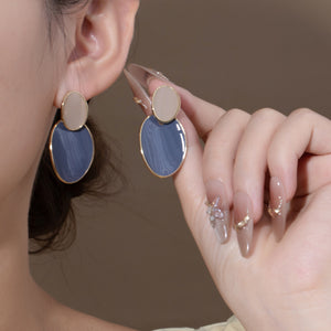 Haze Blue Enamel Oval Dangle Earrings with Gold-Tone Alloy Frames