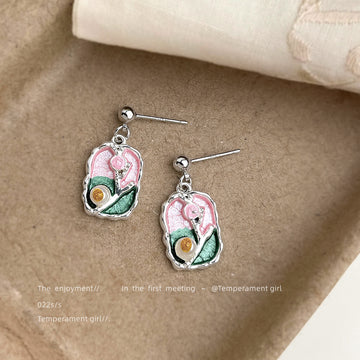 Silver Tone Drop Earrings Pink Green Enamel Floral Plaques