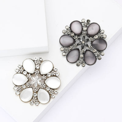 Crystal Framed Cat Eye Cabochon Flower Brooch in Gray and White grouped product view