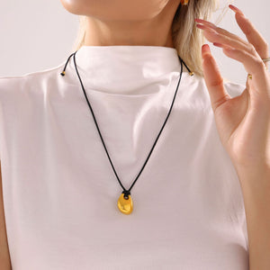 Gold Teardrop Pendant Black Cord Adjustable Long Necklace