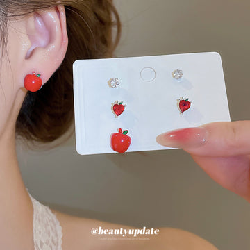 Red Apple Heart And Crystal Stud Earring Set Jewelry Design