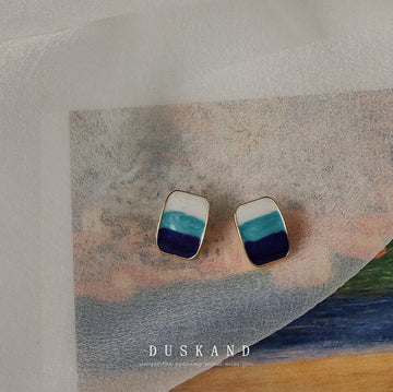 Gold Rim Rectangle Enamel Stud Earrings Blue Gradient Styles