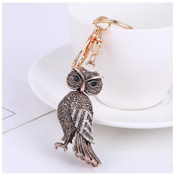 Antique Bronze Owl Keychain Rhinestone Wing Pearl Clasp