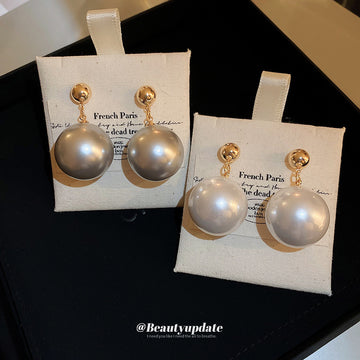 Gold Tone Round Stud Oversized Pearl Drop Earrings