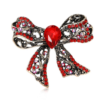 Openwork Crystal Bow Brooch With Pear Center in Four Colors