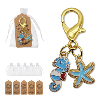 Blue Seahorse Starfish Enamel Dual Charm Keychain Metal Charm