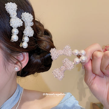 Crystal Bead Bow Pearl Duckbill Hair Clips Pink White