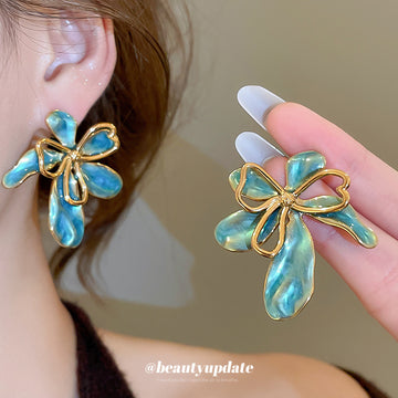 Blue Enamel Petal and Gold Bow Statement Stud Earrings