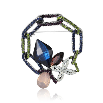 Bow and Chain Brooch in Metal with Geometric Crystal Bow with a Dangling Chain and Pearl