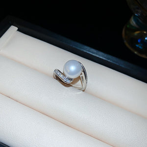 Silver Tone Pearl Like Open Ring With Curved Baguette Crystal Row