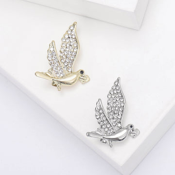 Crystal Dove Brooch With Faux Pearl In Silver Or Gold Tone