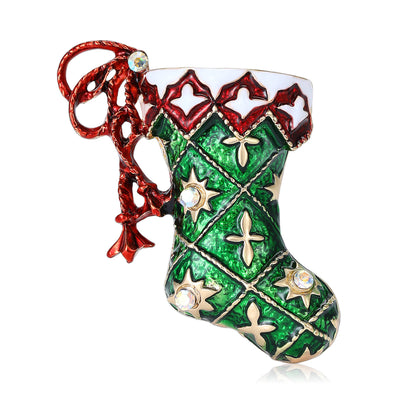Front view of Green Enamel Christmas Stocking brooch