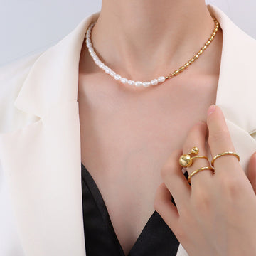 Gold Oval Bead Freshwater Pearl Half Half Choker Necklace