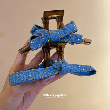 Blue Denim Rhinestone Hair Claws Bow Knot Two Styles