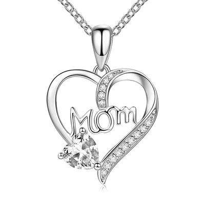 Silver Mom heart pendant clear stone front view