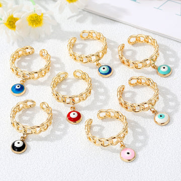 Gold Tone Curb Chain Evil Eye Charm Adjustable Rings