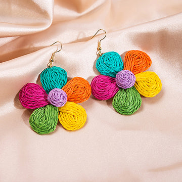 Multicolor Woven Five Petal Flower Large Hook Earrings
