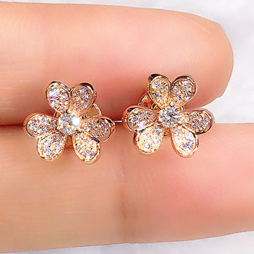 Rose Gold Five Petal Flower Clear Pave Stud Earrings