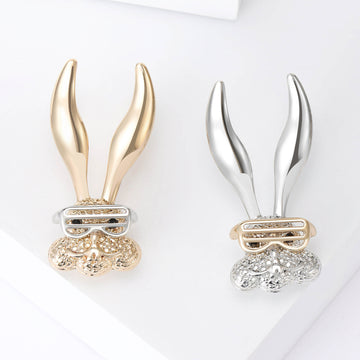 Long Ear Rabbit Brooch with Crystal Glasses in Two Metal Tones