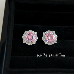 Silver Pink CZ Octagon Halo Stud Earrings Clear Border
