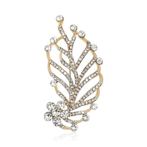 Rhinestone Leaf Brooch Gold Silver Clear Crystal Spray Pin