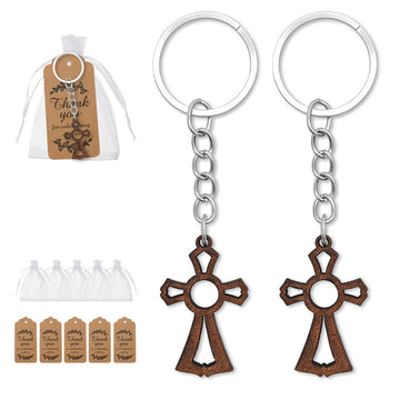 Dark Brown Ornate Wooden Cross Keychain Circle Cutout
