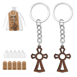 Dark Brown Carved Wooden Cross Keychain with Open Circle Cutout