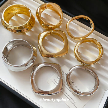 Gold Silver Polished Hinged Metal Bangles Square Wide Twist