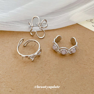 Silver Wire Flower Bow Pink Stone Open Rings Mixed Styles