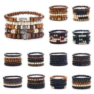 Five Piece Multi Layer Wood Bead Elastic Bracelet Stack Set