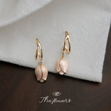 Gold Huggie Hoop Pink Enamel Tulip Charm Drop Earrings