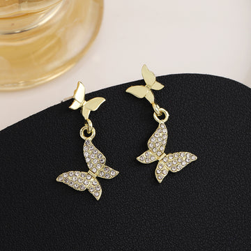 Gold Double Butterfly Crystal Look Dangle Stud Earrings